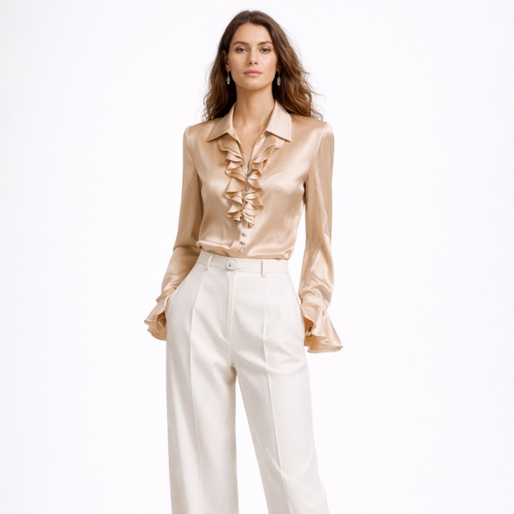 St. John silk Ruffled Long Sleeve button up Blouse champagne crystal buttons